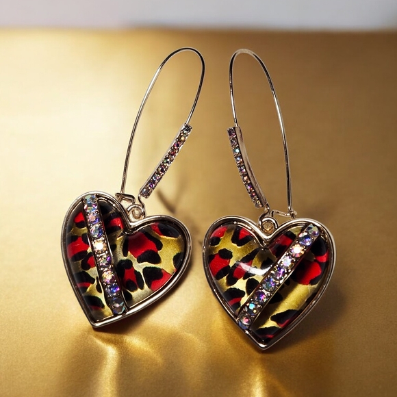 Betsey Johnson Jewelry - NEW Betsey Johnson Gold Tone Crystal Leopard Animal-Print Heart Drop Earrings